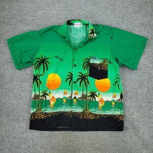 Caribbean Fashions Button Shirt Men 2XL Green AOP Graphic Short Sleeve Pocket